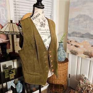Vtg Bagatelle Oilve Green Sleeveless Leather Blazer Vest.